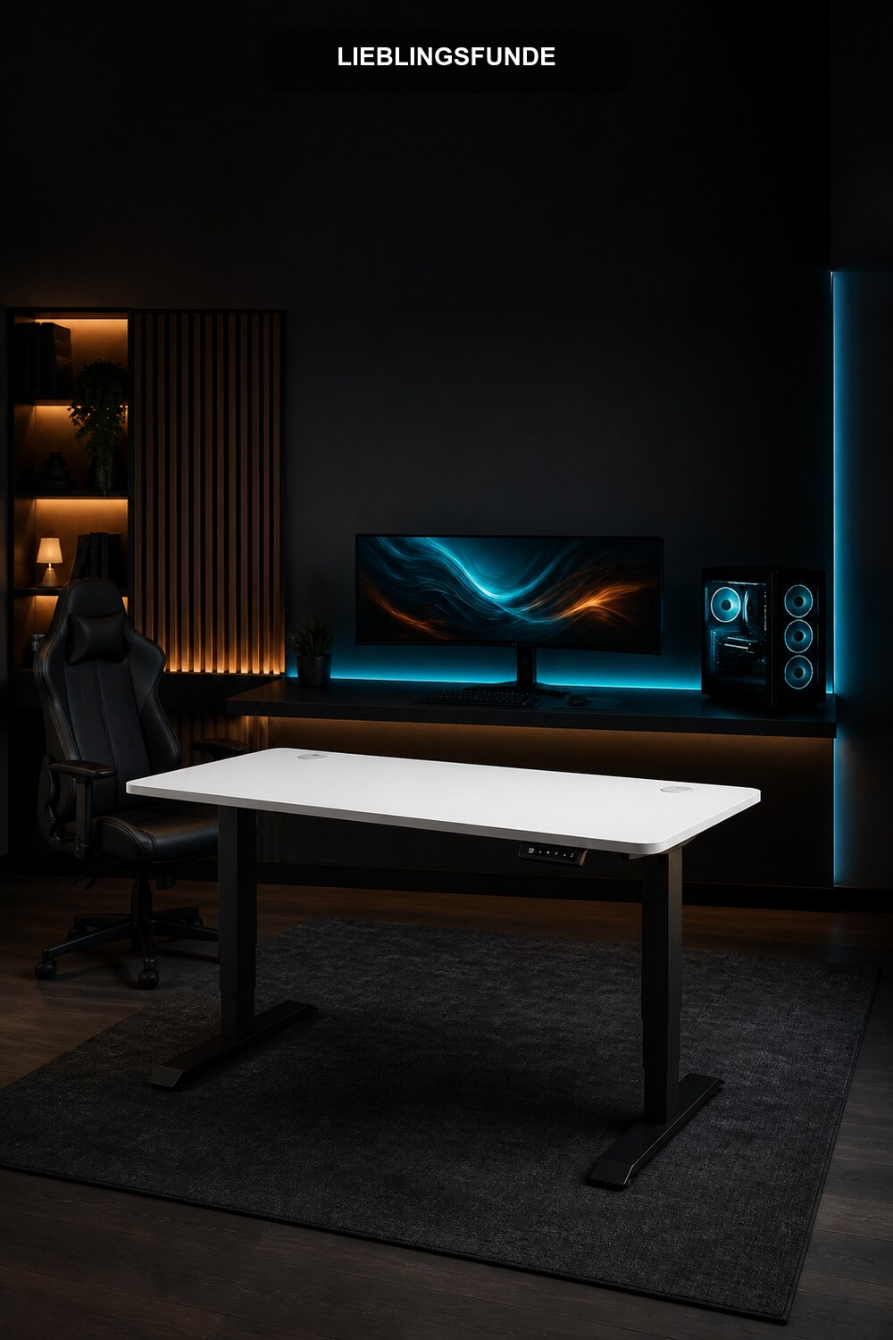 Dunkles Gamerzimmer mit höhenverstellbarem Schreibtisch in Weiß und Schwarz, Ultrawide-Monitor und Cyan-Licht