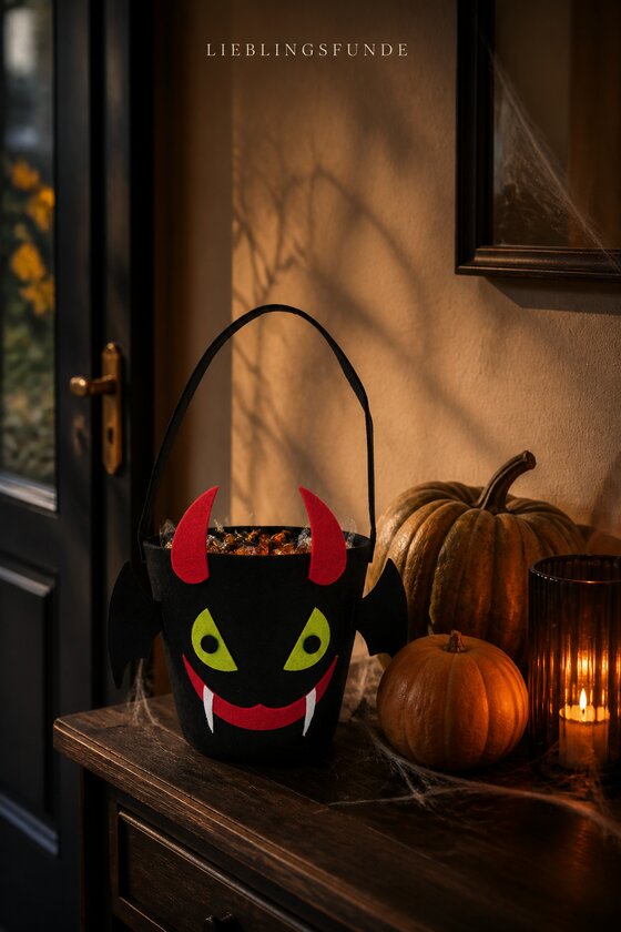 Schwarzer Halloween-Filzkorb mit Fledermausflügeln, Hörnern und Süßigkeiten auf einer dunklen Konsole mit Kürbissen und Kerzenlicht