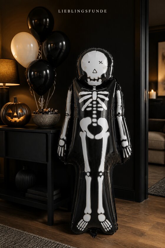 Großer schwarzer Skelett-Folienballon neben einer Halloween-Konsole mit schwarzen Ballons, Kürbis und Süßigkeitenschale