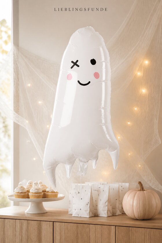 Weißer Gespenster-Folienballon über einer hellen Halloween-Candy-Bar mit Cupcakes, Tüten, Kürbis und warmen Lichtern