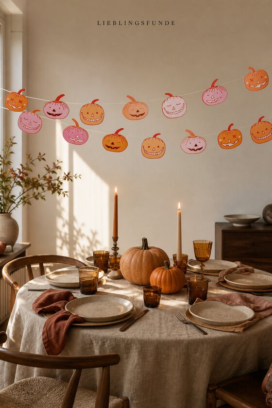 Orange-rosafarbene Kürbis-Girlande über einem gedeckten Halloween-Esstisch mit Leinen, Kerzen, Kürbissen und bernsteinfarbenen Gläsern