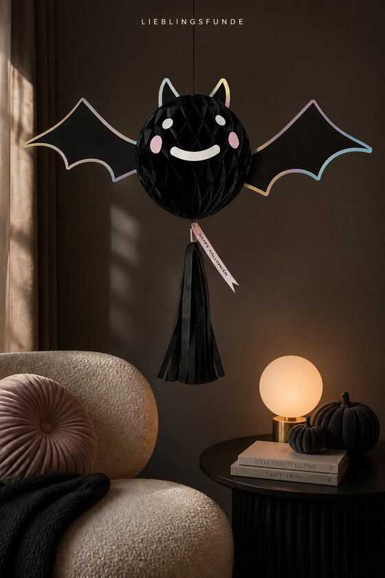 Große schwarze Wabenpapier-Fledermaus mit Quaste über einer hellen Leseecke mit Kugelleuchte, Büchern und dunklen Kürbissen