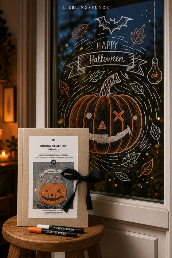 Halloween-Vorlagenmappe und Kreidestifte vor einem Fenster mit gezeichnetem Kürbis, Fledermaus, Blättern und weiß-orangefarbener Kreidemalerei